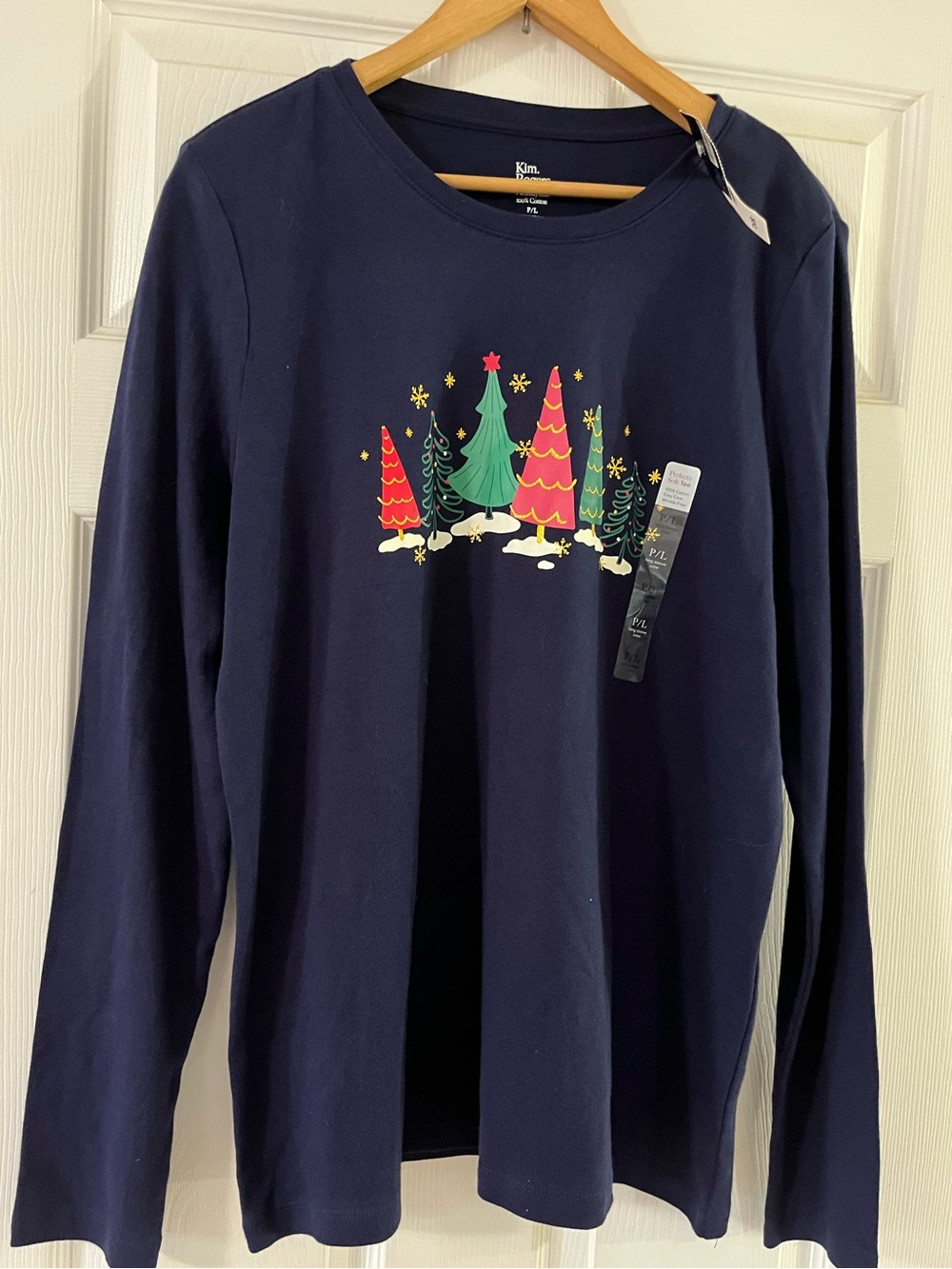 Kim Rogers Navy Long Sleeve Tee with Colorful Holiday Tree Motif
